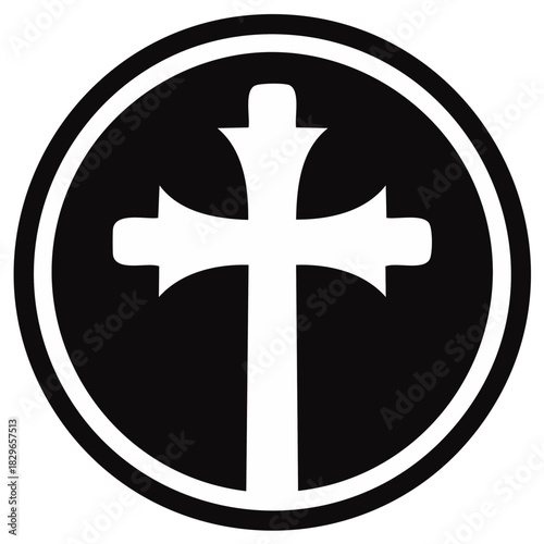 Stylized ornate Christian cross emblem in a bold black circle spiritual design
