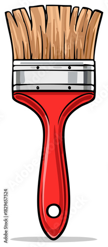 Cartoon image of a paint brush with a red handle and wooden bristles in an illustration.