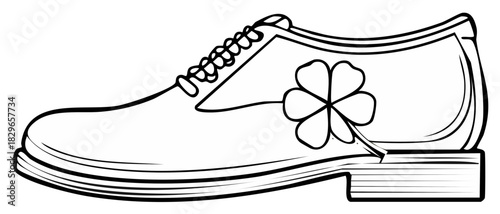 St Patricks Day lucky shoe with a four leaf clover black and white outline