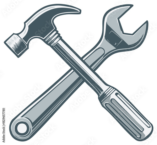 Crossed hammer and wrench tools illustration in a classic vector style, for construction and repair concepts.