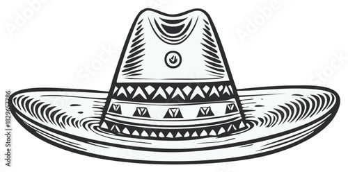 Detailed Black and White Line Art Illustration of a Sombrero Hat with Geometric Patterns
