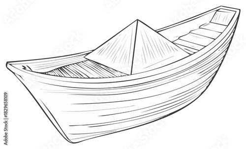 Outline Paper Boat with Asian Cone Hat Illustration Graphic Art