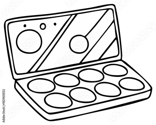 Line art illustration of an open empty makeup palette with a mirror and round compartments