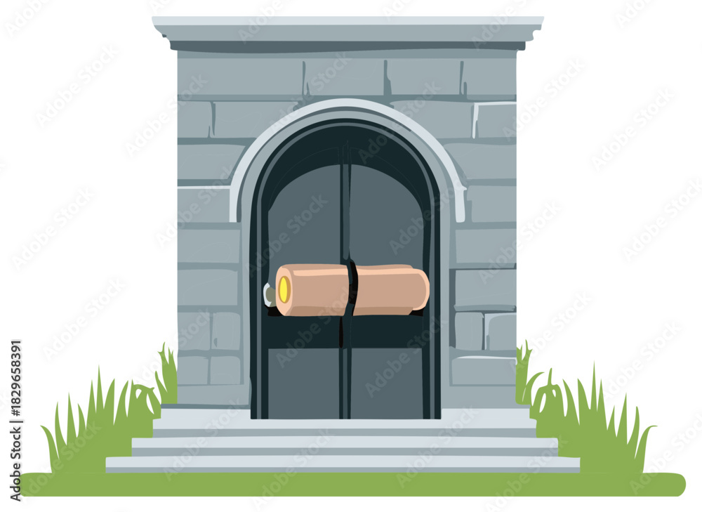 Fototapeta premium Stone Wall Entrance with Iron Doors, Wooden Lock, and Steps Leading to Grass