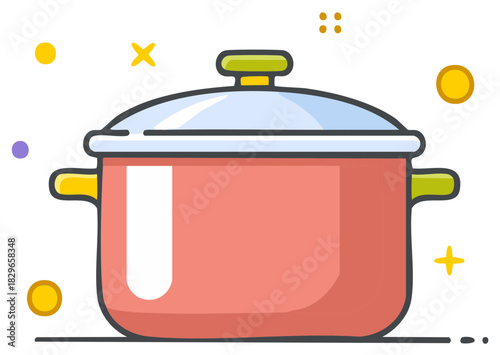 Cute red cooking pot with light blue lid and yellow handles and festive sparkles