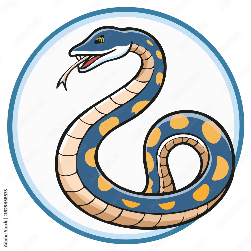 Fototapeta premium Cartoon Spotted Blue Snake Illustration Coiled Inside of a Circle.