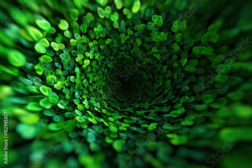 Green Leafy Tunnel: An immersive artistic view into an endless tunnel formed by a swirl of lush, vivid green leaves. Evoking a sense of mystery and the beauty of plant life.