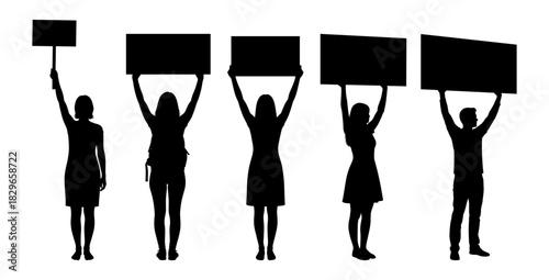 Silhouettes of people holding protest signs