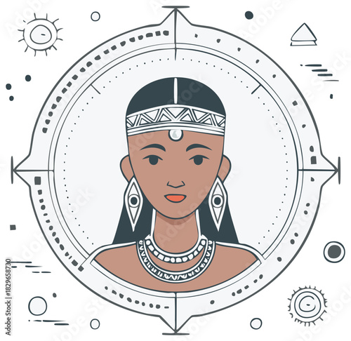 Portrait of woman with jewelry inside a decorative circle