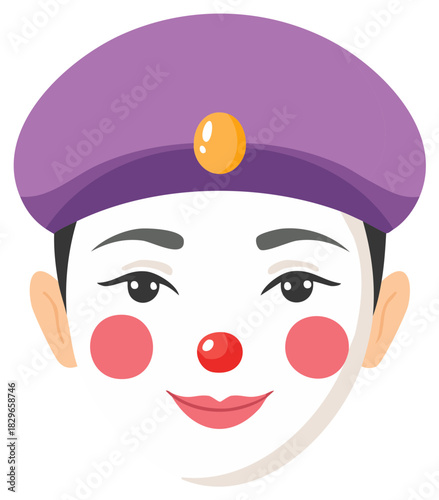 Cheerful Cartoon Clown Face with White Makeup, Purple Beret, and Red Nose Vector Illustration
