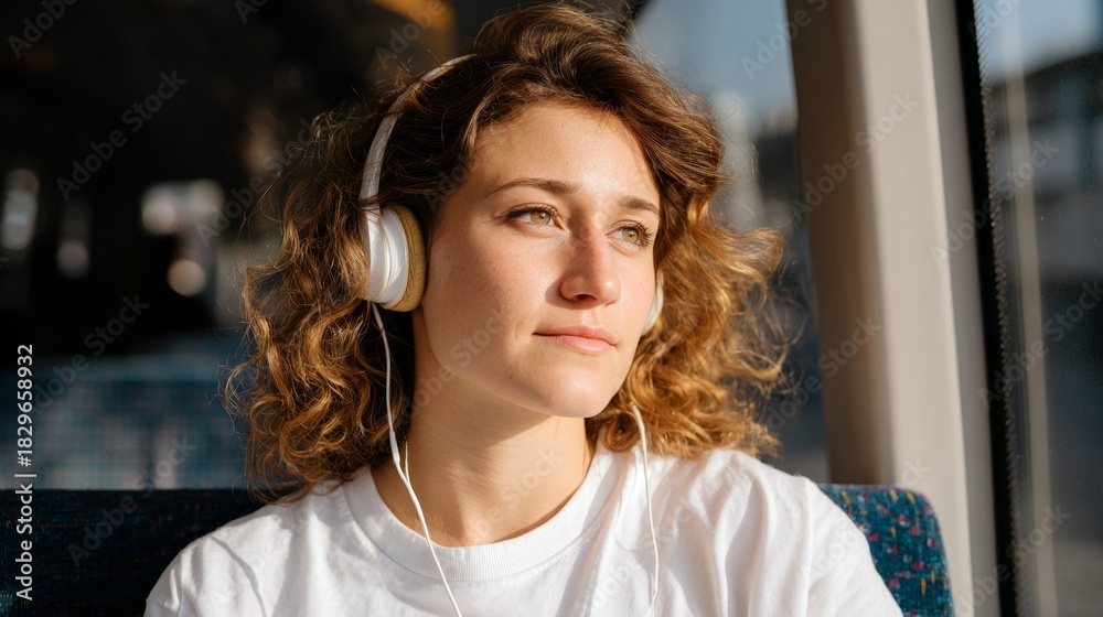 Obraz premium Woman wearing headphones, sitting on train, looking out window.