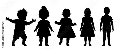 Set of silhouettes of young children in various playful poses