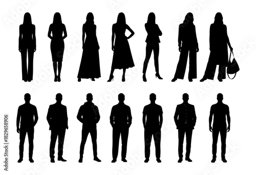 Set of silhouettes showing various poses of men and women