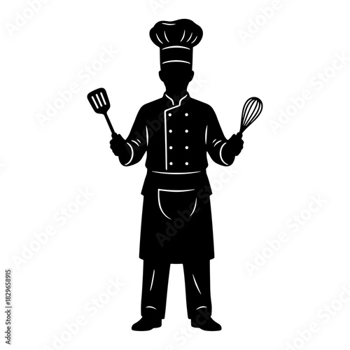 Silhouette of a chef holding a spatula and a whisk