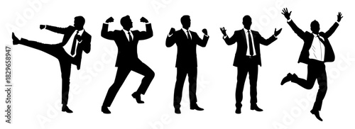 Set of silhouettes of businessmen celebrating or dancing in suits