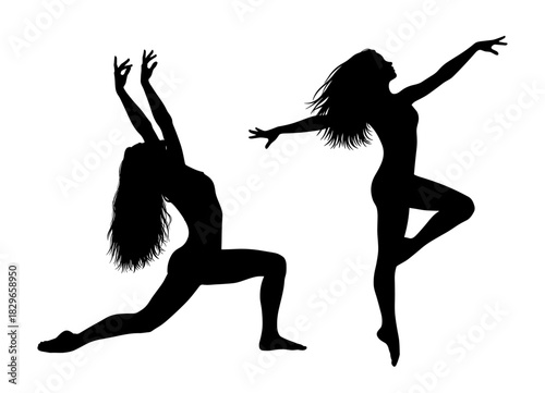 Female dancer silhouettes in dynamic leaping and lunge poses