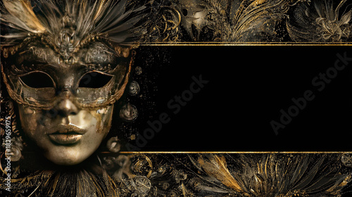 Elegant black and gold masquerade-themed background with an empty rectangular banner in the center, ornate mask on one side, dark fantasy digital art style perfect for party invitations and festive ev