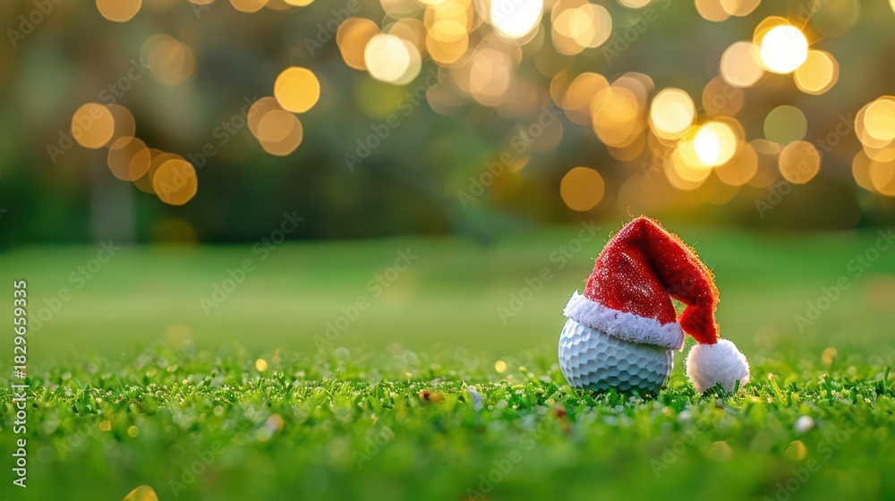 Fototapeta premium Festive golf ball with santa hat on grass background for christmas celebration. Horizontal banner. Copy space. White golf ball decorated with santa hat on a green grass. For golf club, sports store