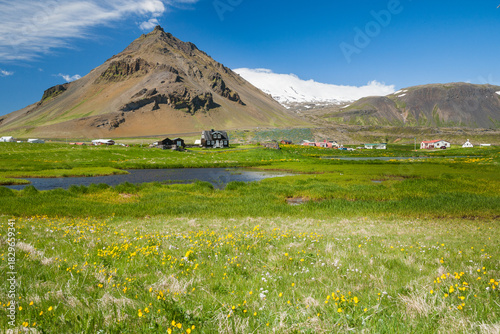 Fishing village Arnarstapi in western Iceland in summer