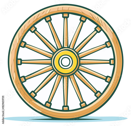 Classic wooden wagon wheel with yellow hub and spokes
