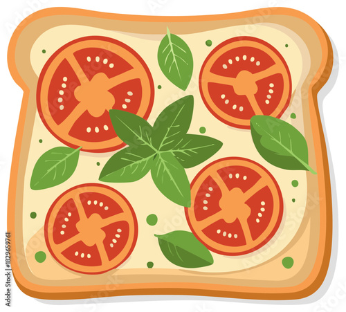Healthy toast with fresh tomato slices and basil leaves vector illustration of a vegetarian breakfast