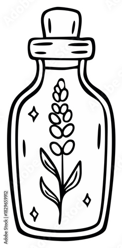 Magical potion bottle with lavender flower and sparkles line art doodle illustration