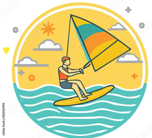 Windsurfer Riding Waves Illustration on Sunny Day