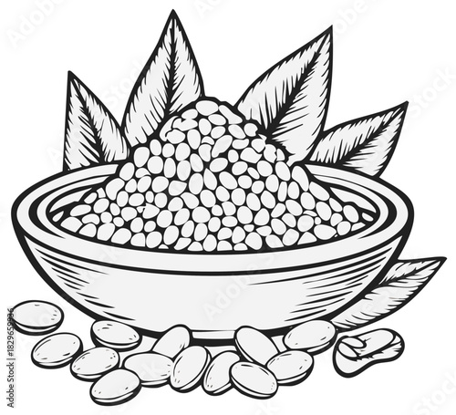 Bowl of beans with leaves, seeds, and a vintage illustration