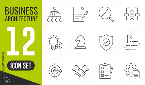Business Architecture line icons set. Vector illustration in modern thin line style of business related icons. strategy, methodology, regulation, bulb, target, handshake, pie chart