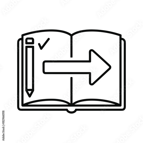 Black and white line icon of an open book with a pencil checkmark and a large right arrow symbolizing progress or next step