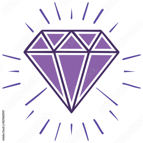 Radiant purple diamond illustration with geometric facets and glittering emanations against a white background