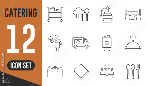 Catering line icons set. Vector illustration in modern thin line style of nourishment related icons, service, dish, table setting, event, waiter