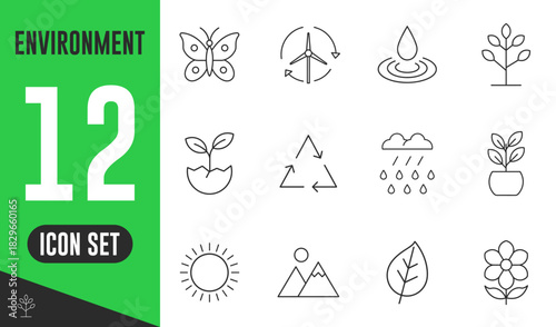 Environment line icons set. Vector illustration in modern thin line style of nature related icons, plants, insects, animals, weather, rain, tree, mountain, sun, leaf