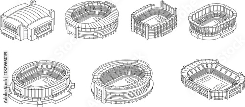 Isometric stadium architecture illustration set, modern sports arena designs, detailed line art collection of athletic venues, professional arena construction concept, architectural drawing series