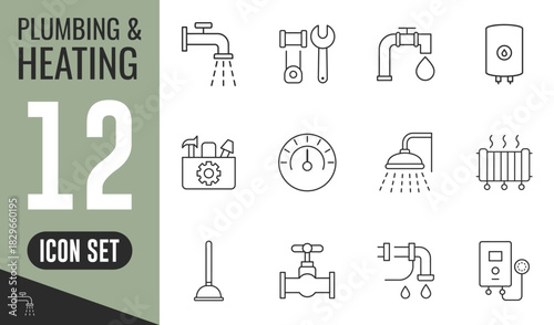 Plumbing and Heating line icons set. Vector illustration in modern thin line style of house engineering related icons, pipes, boilers, tools, tap, plunger, water