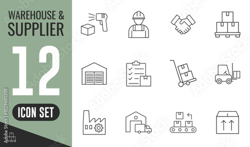 Warehouse and logistics icon set. delivery, factory, worker, shipping, and supply chain operations Vector