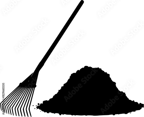Minimalist black silhouette of a garden rake and a small pile of dirt on a white background