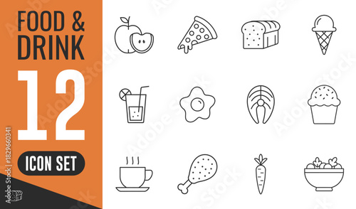 Food and Drink line icons set. Vector illustration in thin line style of nutrition related icons, vegetables, fruits, desserts, meat, baked goods, drinks, pizza, ice cream, egg