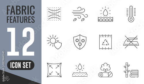 Fabric Features line icons set. Vector illustration in thin line modern style of textile related icons, thermo, recycled, bamboo