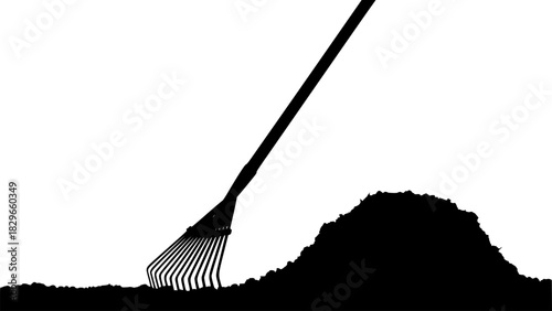 Minimalist black silhouette of a garden rake and a small pile of dirt on a white background
