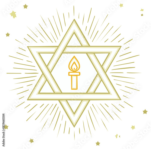 Golden Star of David with Memorial Candle and Decorative Rays