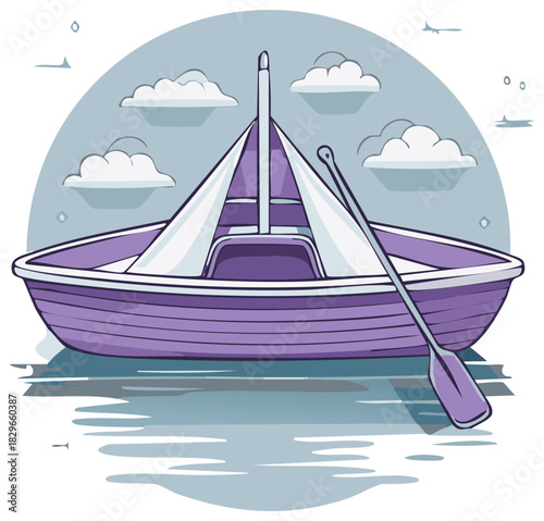 Cartoon illustration of a rowboat with sails, clouds, and water in a circular scene.