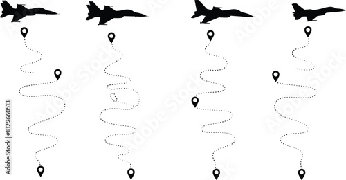 Jet fighter flight paths illustration, military aircraft route icons, dotted line trajectory set, aviation navigation graphic, air force silhouette planes, travel direction markers