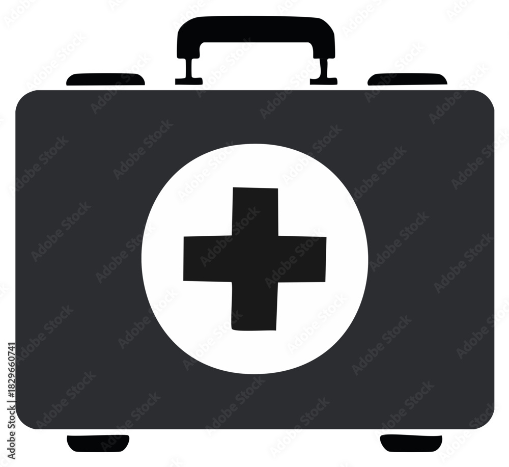 Obraz premium Monochrome First Aid Kit Graphic Icon with Medical Cross Symbol