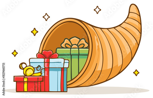 Abundant cornucopia horn of plenty filled with wrapped presents and sparkling gifts cartoon illustration