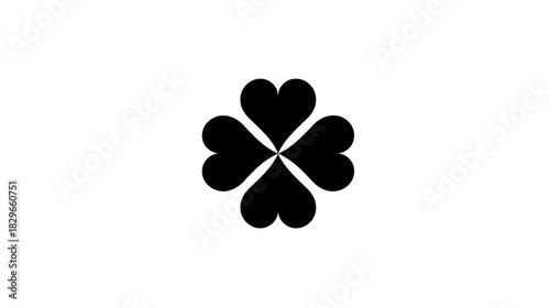 Stylized black four-leaf clover icon with heart-shaped leaves on a clean white background, representing luck and fortune.