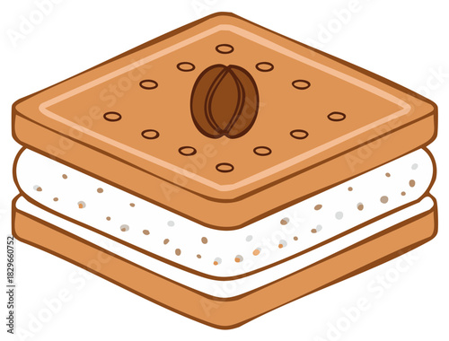 Sweet square biscuit sandwich with creamy filling and chocolate coffee bean decoration