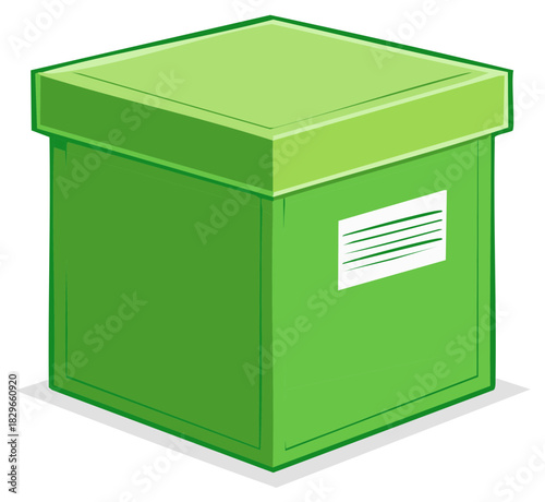 Green Lidded Cardboard Box for Moving and Storage with Label, Isolated Still Life