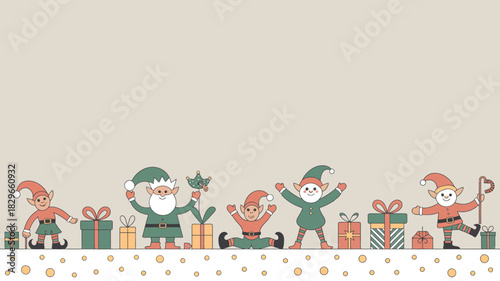 A whimsical christmas scene featuring playful elves and colorful gifts arranged in a festive border design
