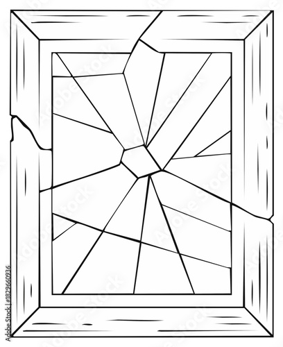 Cracked Glass Window in Wooden Frame, Broken Fragments, Black and White Outline Drawing